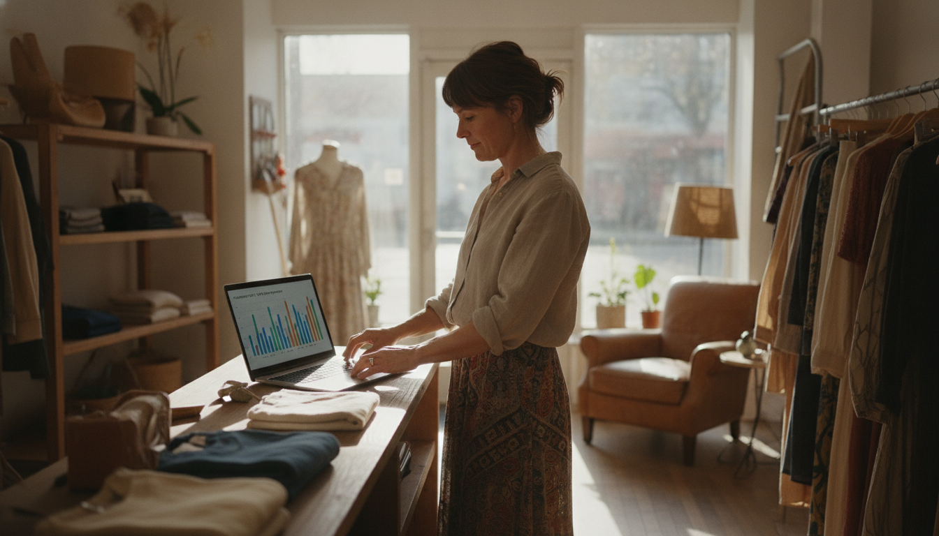 Boutique clothing store owner pausing to review campaign performance data on her laptop between customers