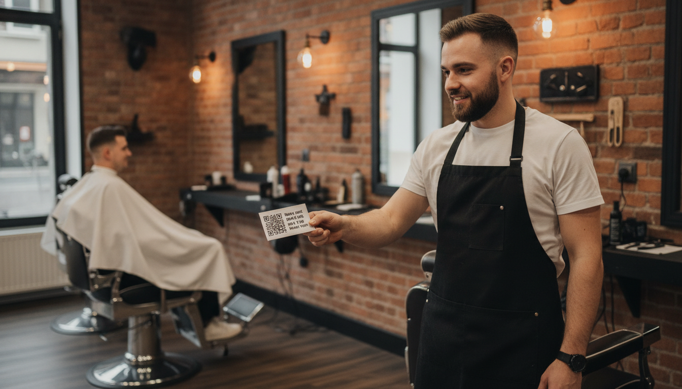 A barber handing a loyalty sign-up card to a customer after a haircut