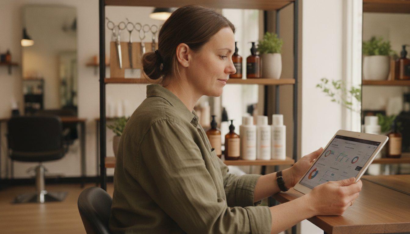 Hair salon owner reviewing customer data and campaign results on a tablet