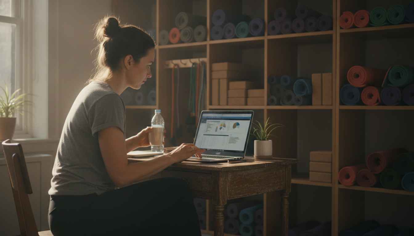 A yoga studio owner reviewing customer data on a laptop in her studio office