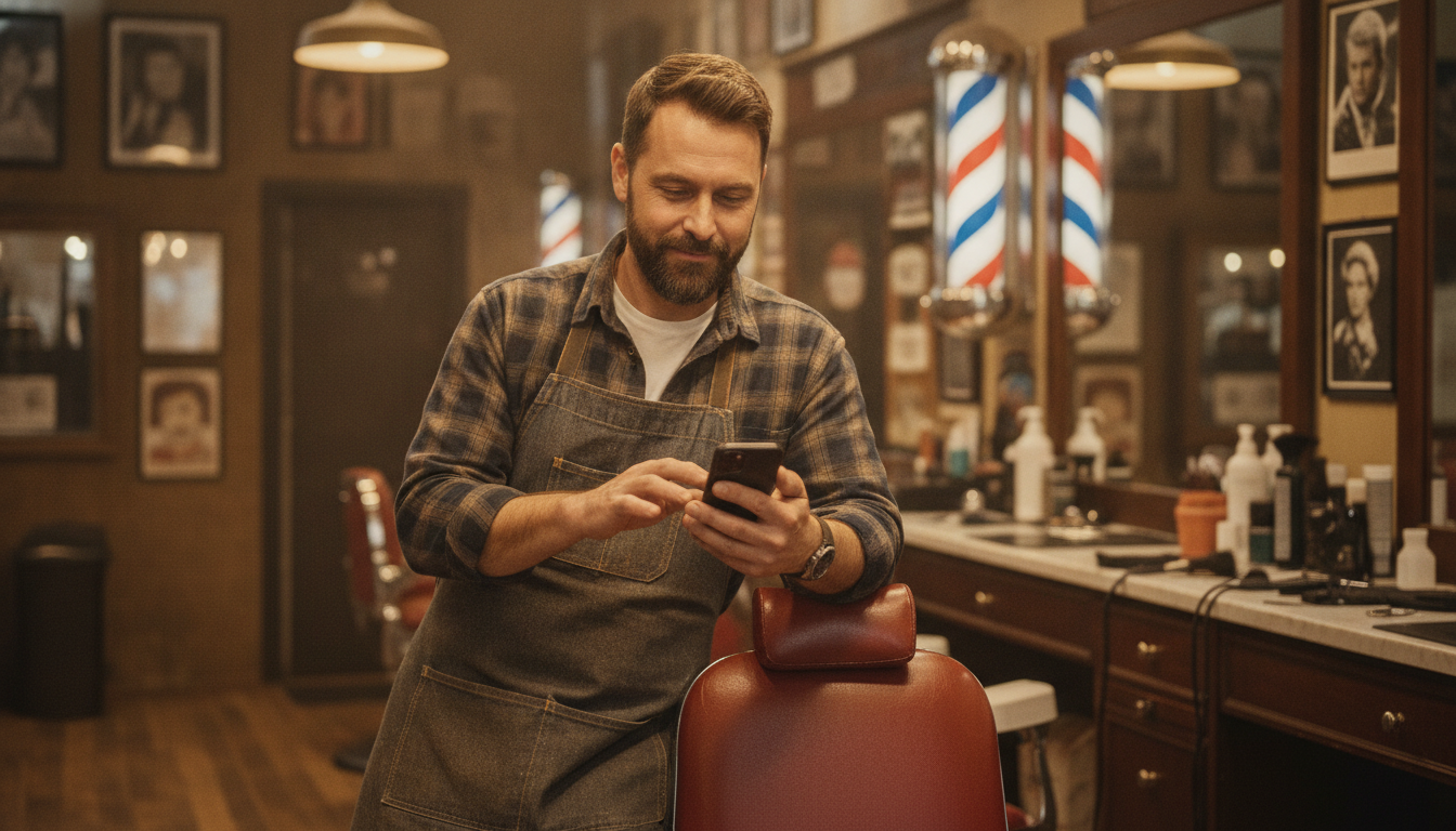 A barbershop owner sending a follow-up message to a first-time customer between appointments