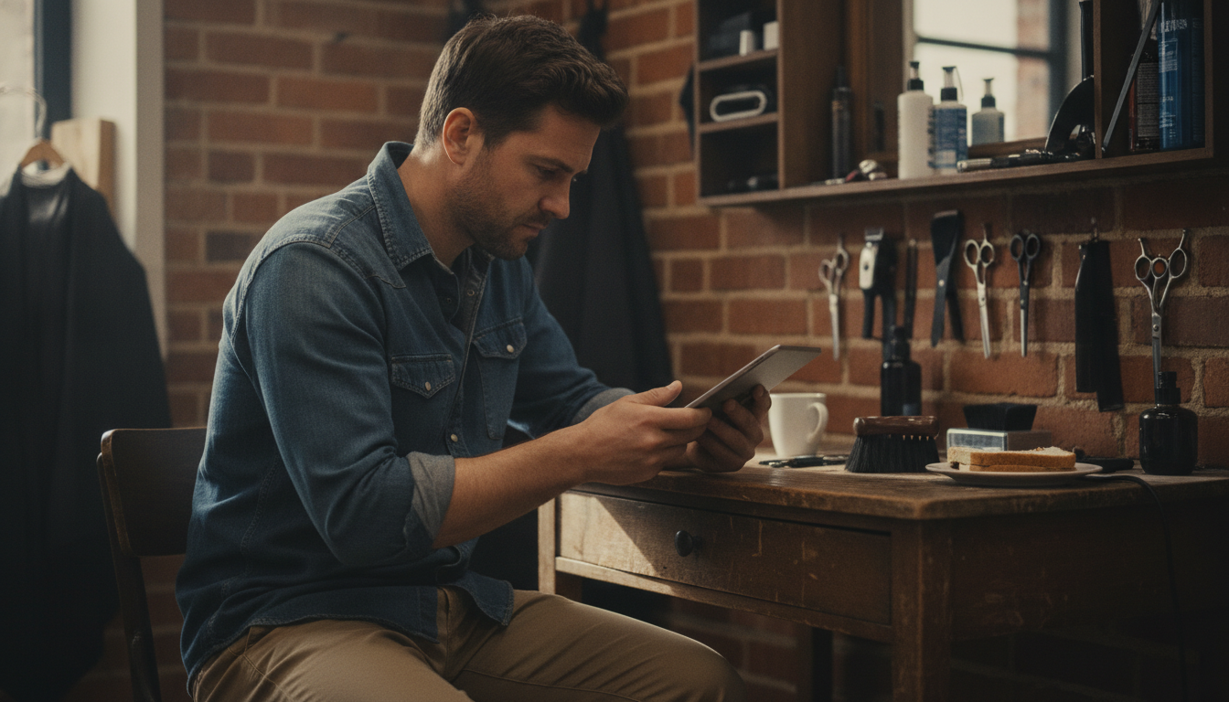 Barbershop owner reviewing customer data on a tablet in his shop