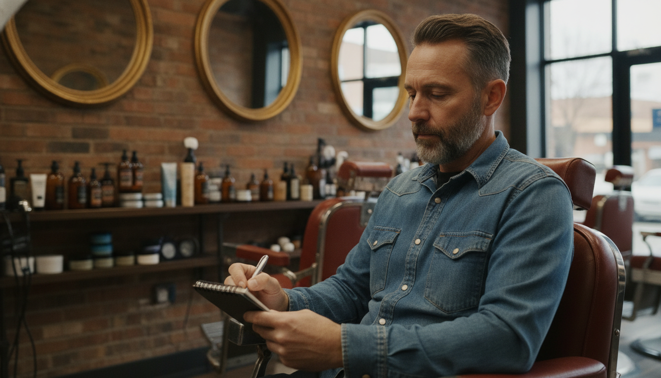 Barbershop owner planning his week in a quiet moment before opening
