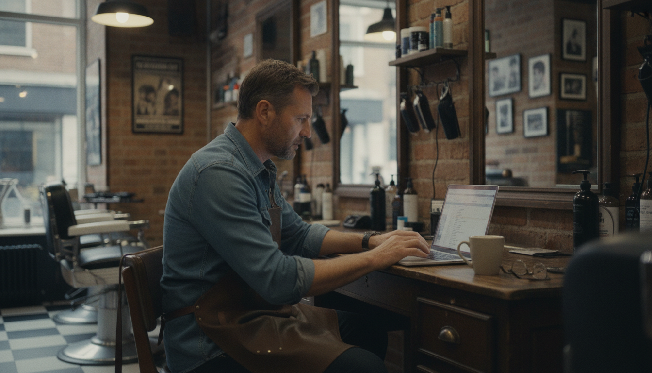 Barbershop owner reviewing customer transaction data on a laptop between appointments