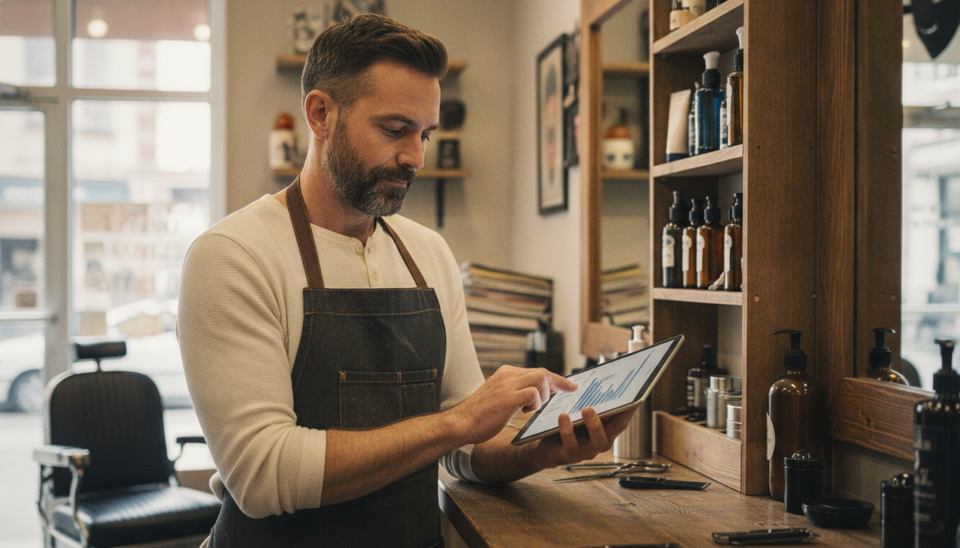 Barbershop owner reviewing monthly transaction data on a tablet in his shop