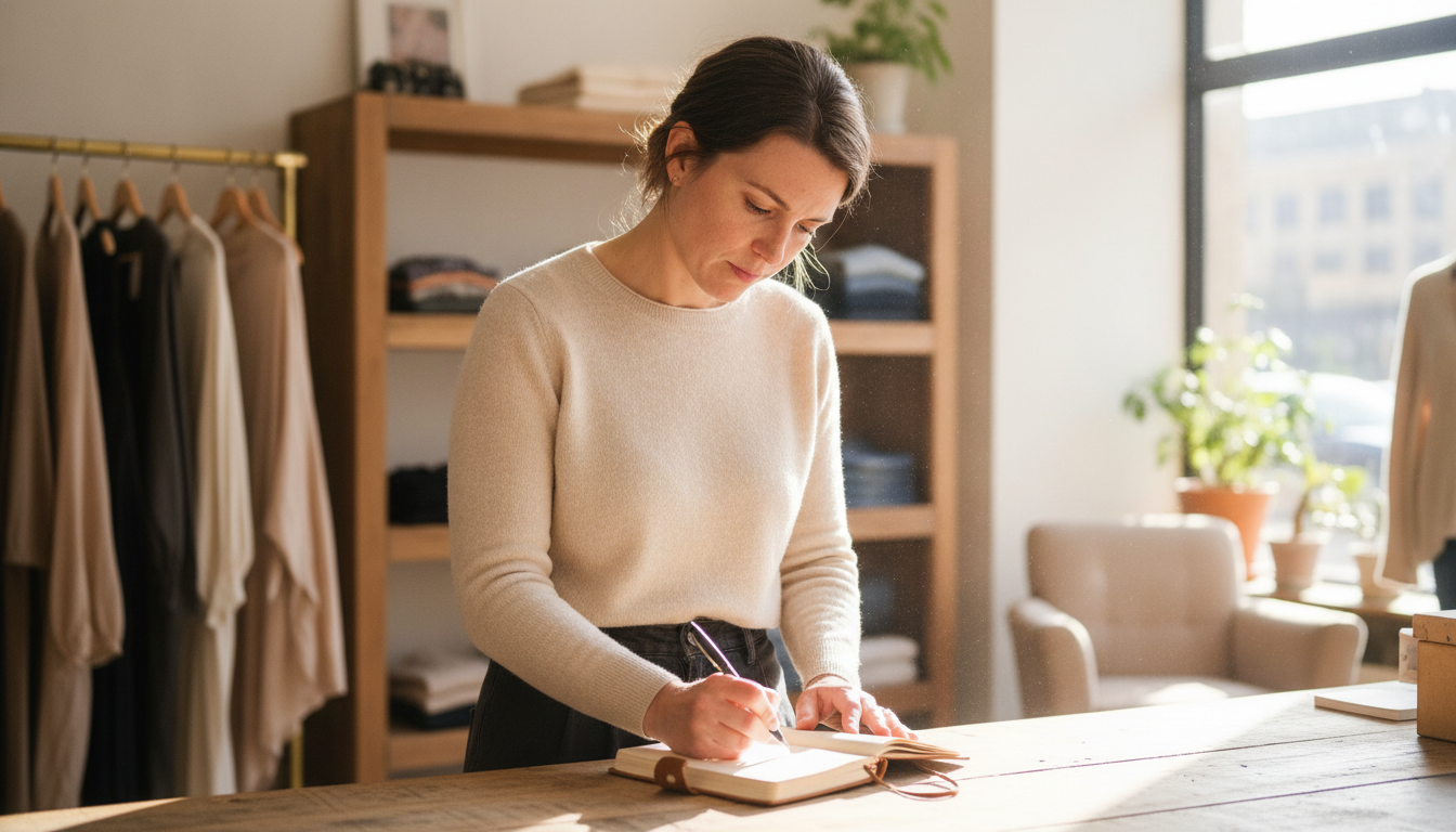 A boutique clothing store owner planning her weekly content structure at her shop counter