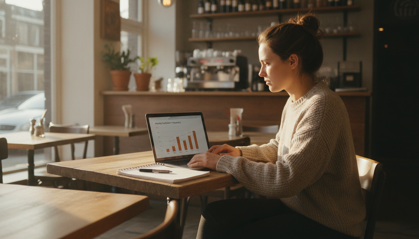Restaurant owner reviewing customer return frequency data on a laptop after lunch service