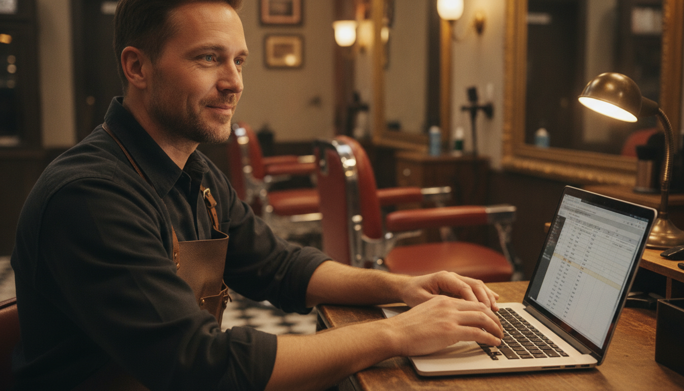 Barbershop owner reviewing customer data between appointments