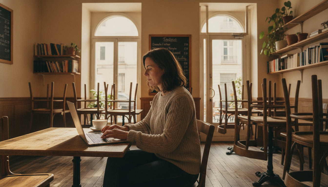 A cafe owner working on her Google Business Profile on a laptop before her cafe opens for the day