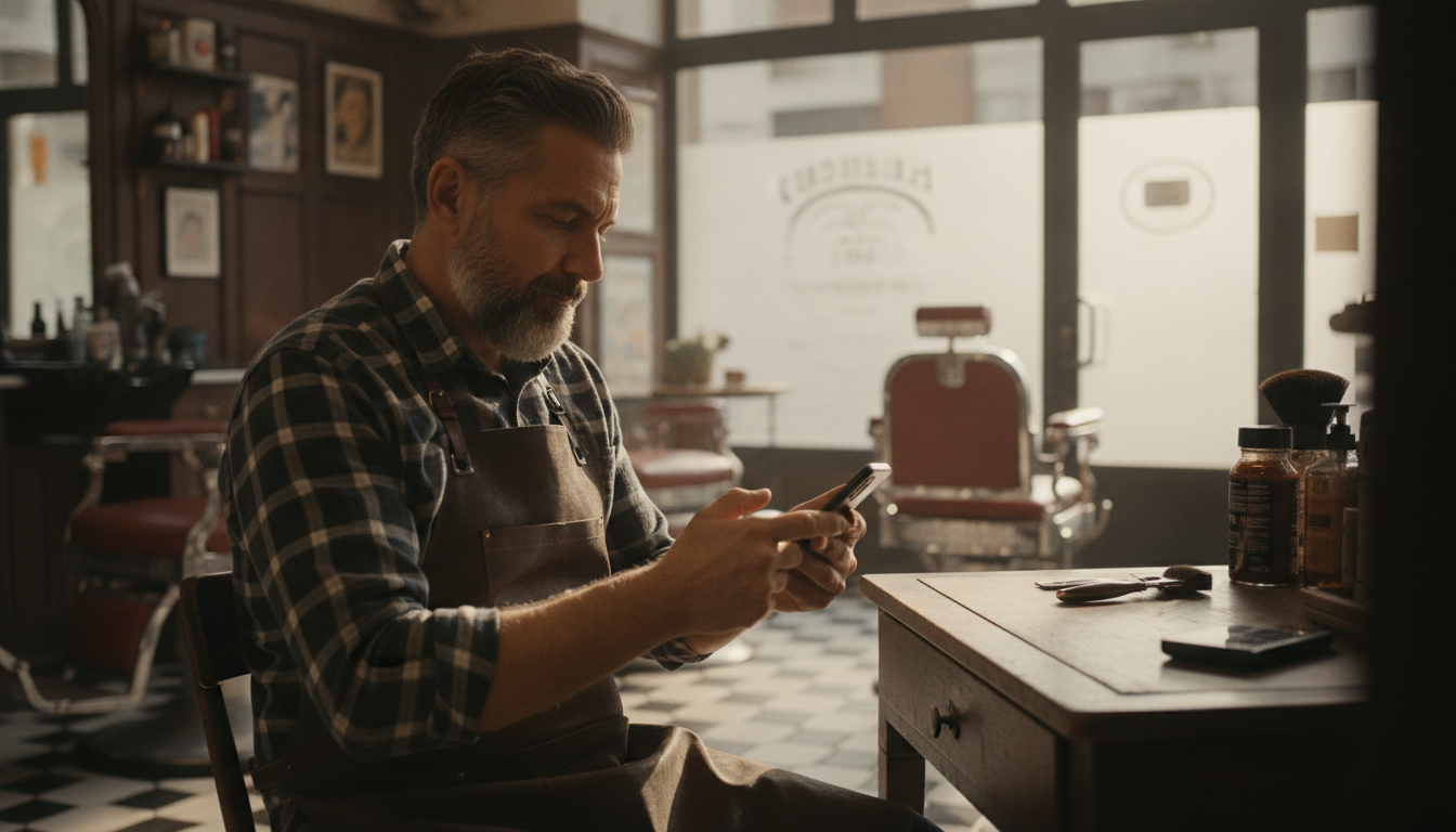 Barbershop owner reviewing past social media posts on his phone to identify top-performing content worth republishing