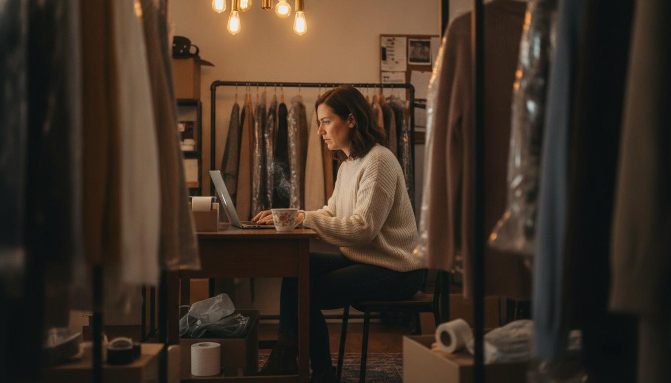 A boutique clothing shop owner planning her week's marketing content on a laptop