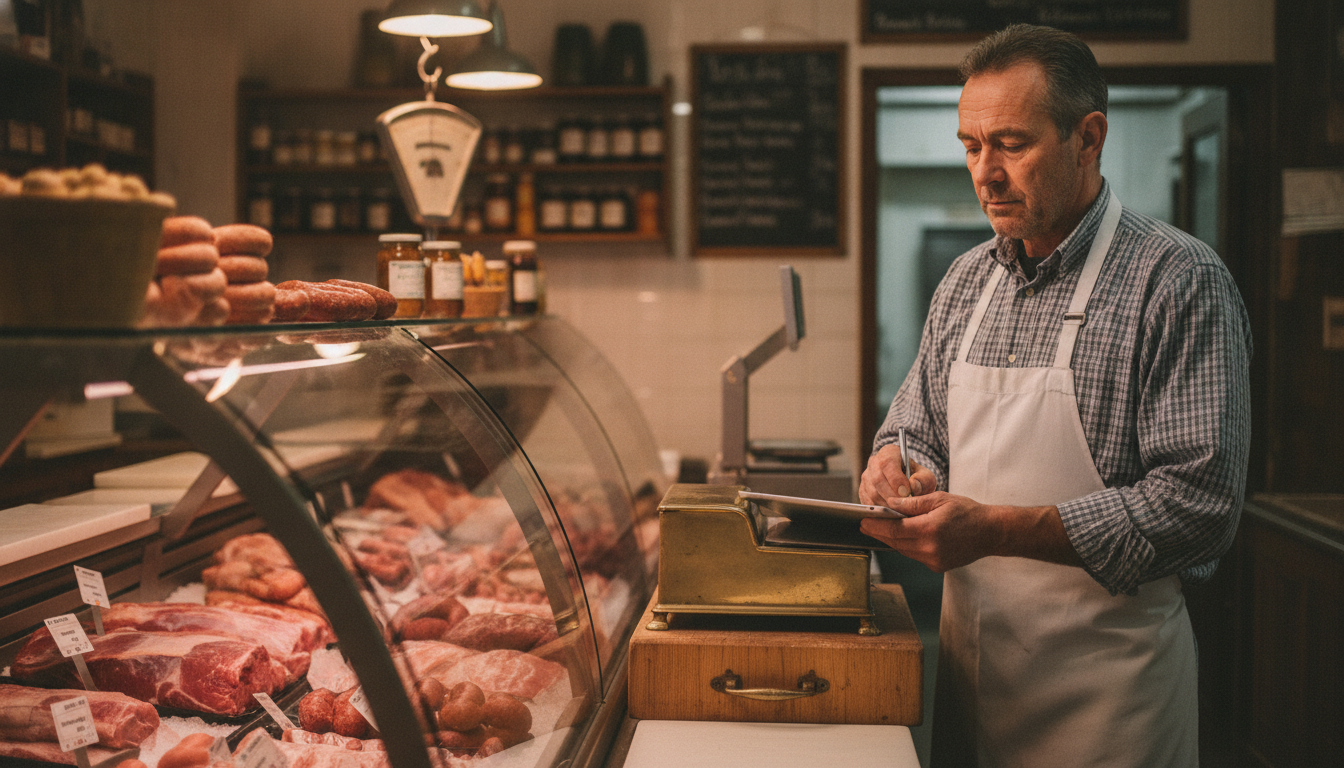 Independent butcher updating his Google Business Profile on a tablet behind the shop counter