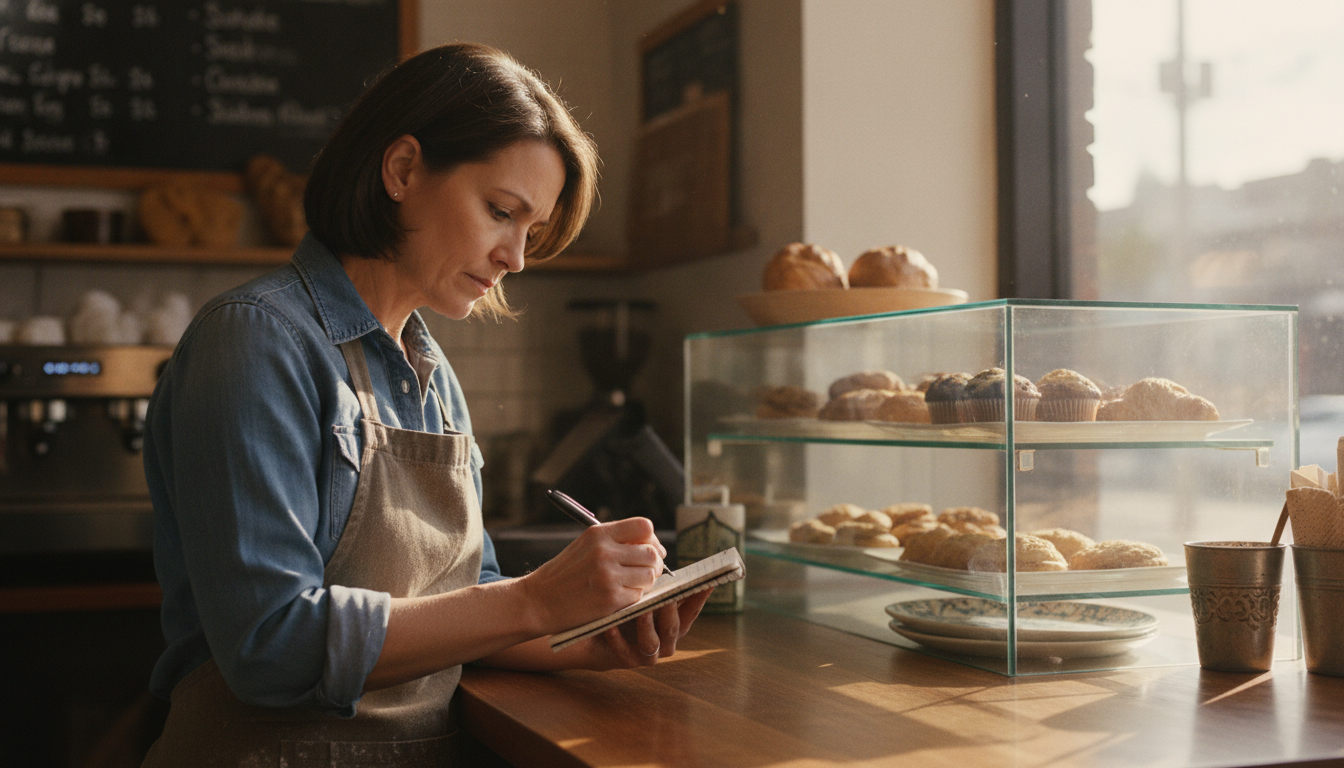 Cafe owner planning her customer follow-up system during a quiet moment between service