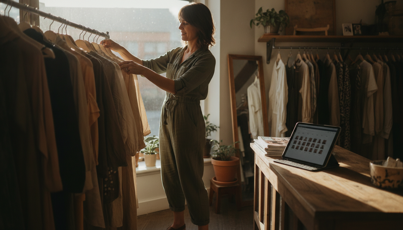 A boutique owner organising her shop floor while managing her content calendar