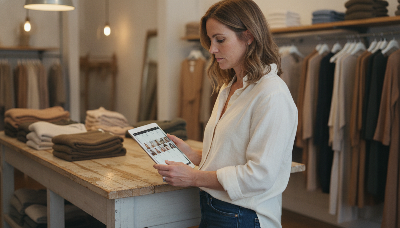 A boutique clothing store owner reviewing a forward-planned marketing calendar on her tablet