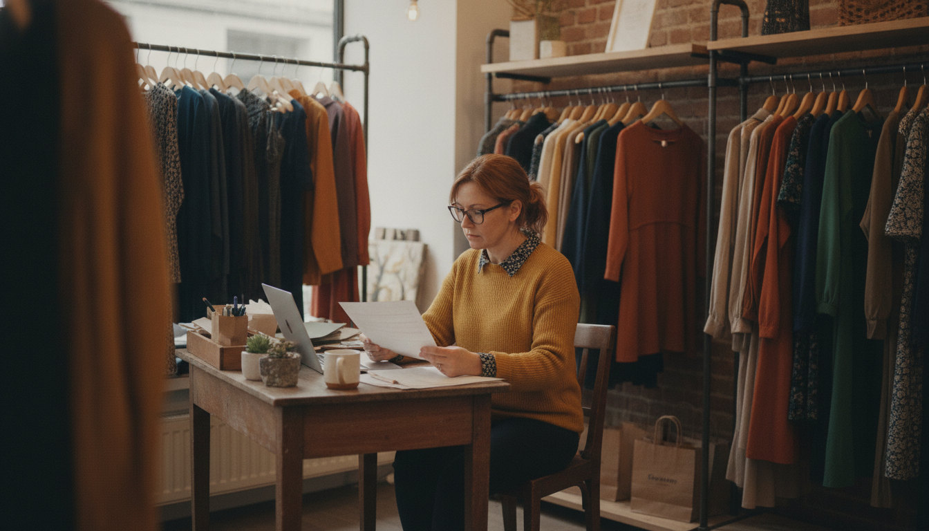 A boutique owner reviewing customer retention data in her store