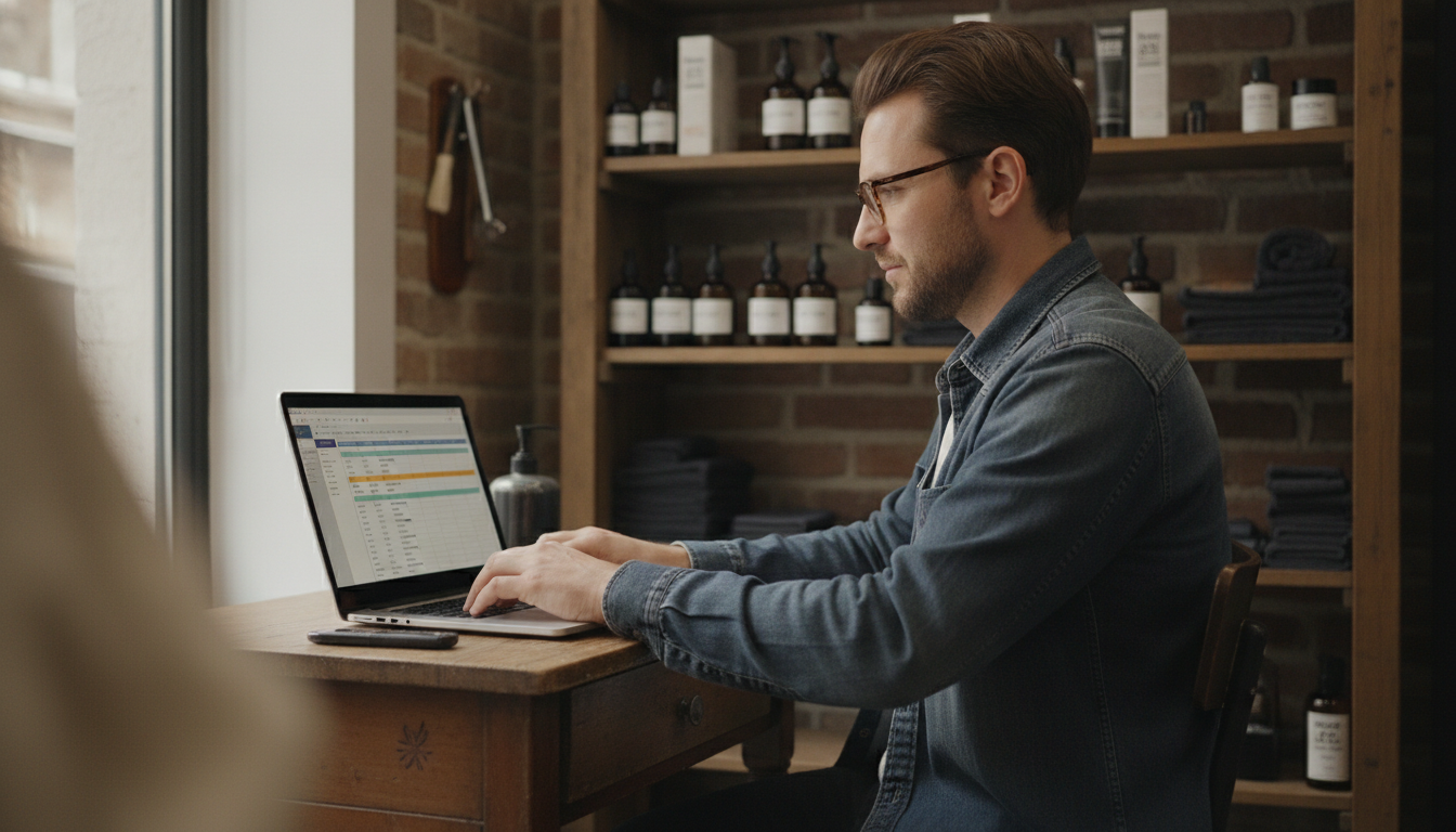 Barbershop owner managing his automated marketing workflow between client appointments