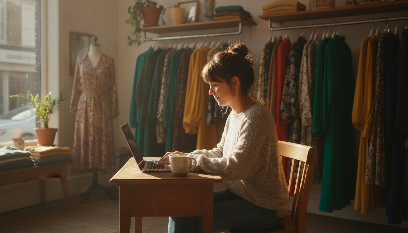 A boutique owner writing a weekly email to her customer list from the back of her shop