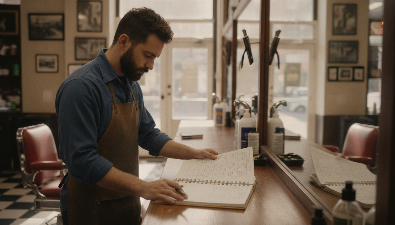 Barbershop owner reviewing customer visit data between appointments
