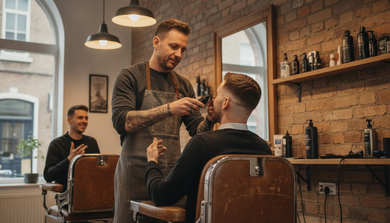A barber working on a client in a well-lit London barbershop, captured in a candid documentary style