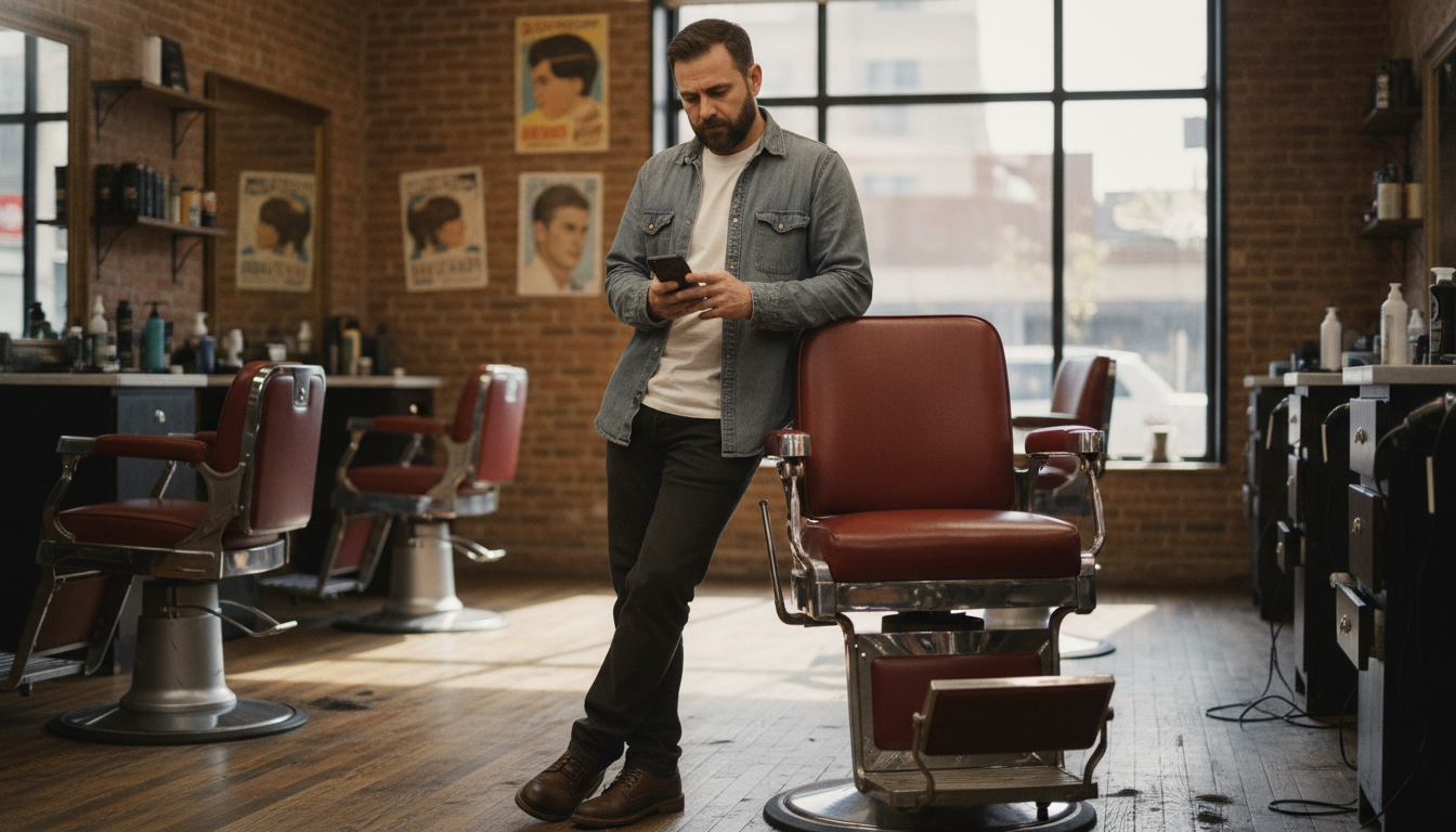 A barbershop owner reviewing his social media posting schedule during a quiet mid-morning break between clients