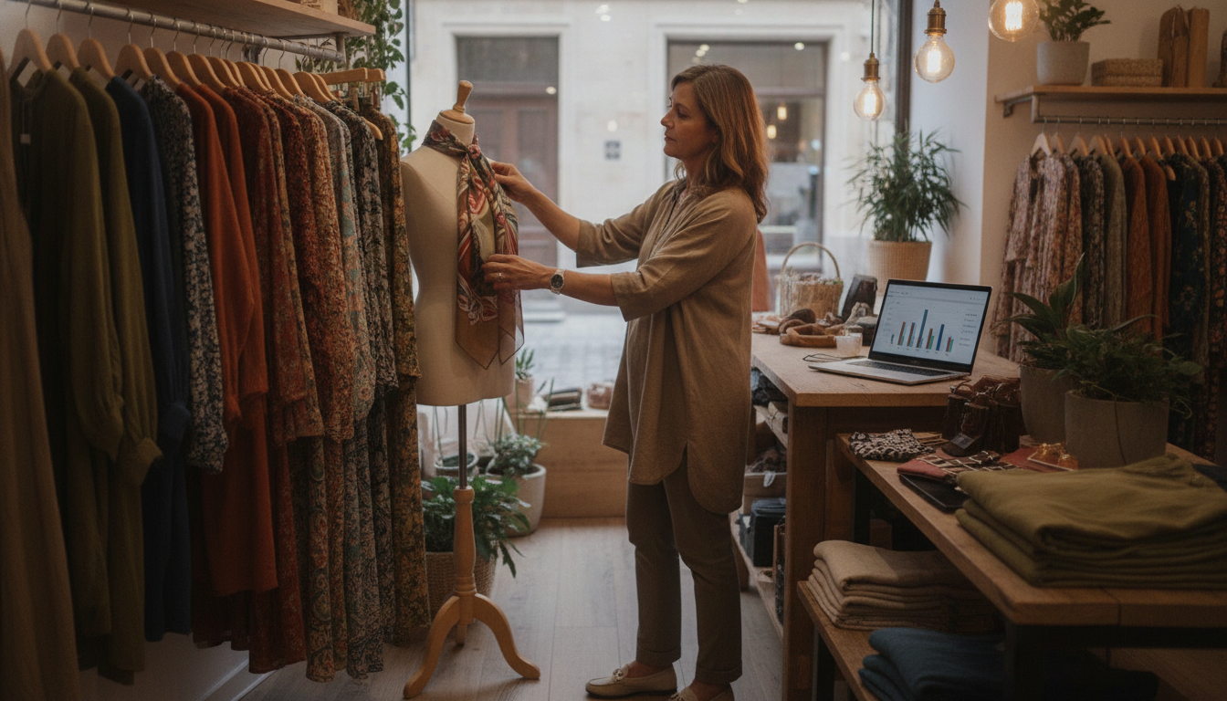 Boutique clothing store owner managing her shop's online presence between serving customers