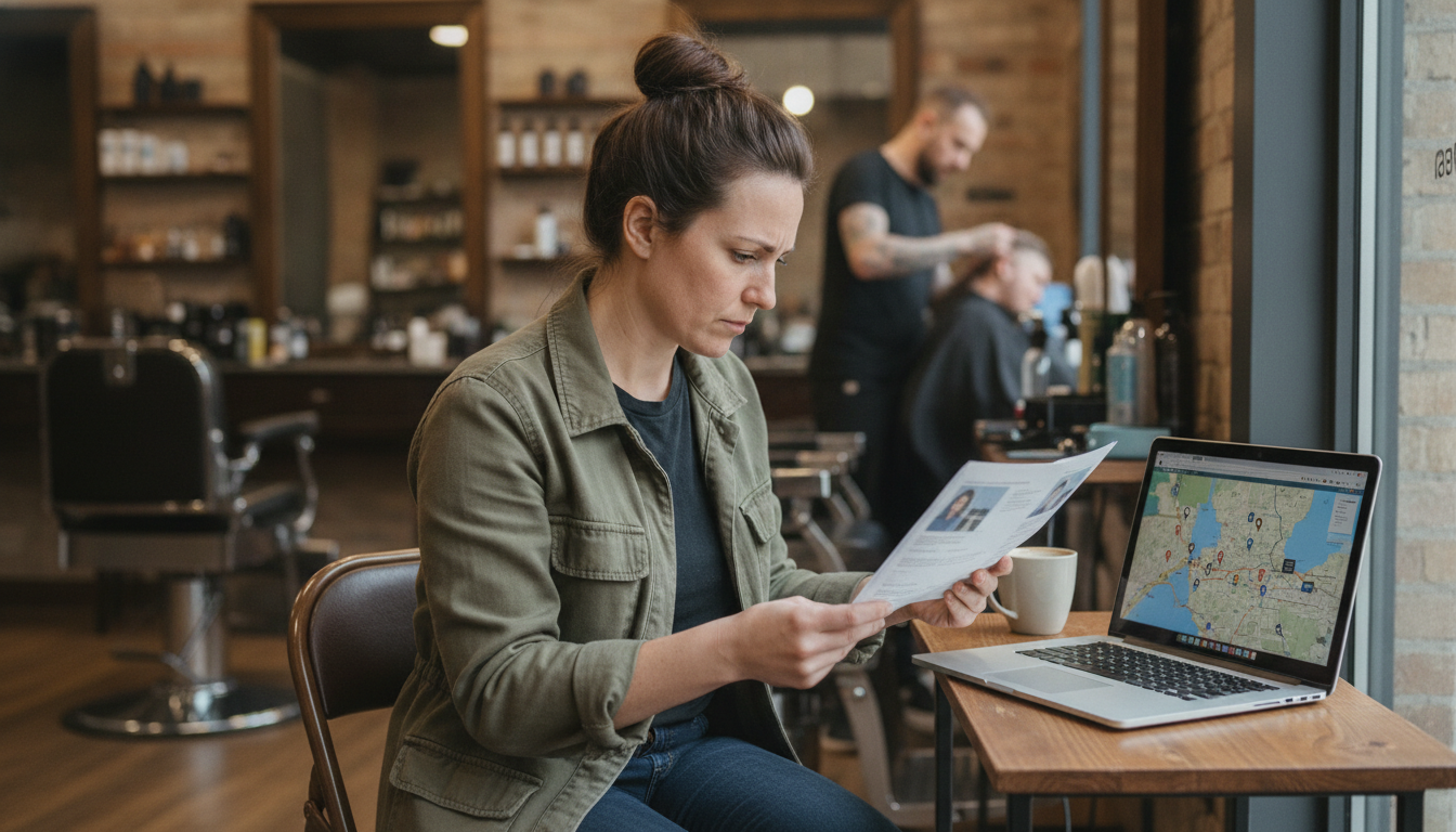 Barbershop owner reviewing local customer data and ad targeting on a laptop in her shop