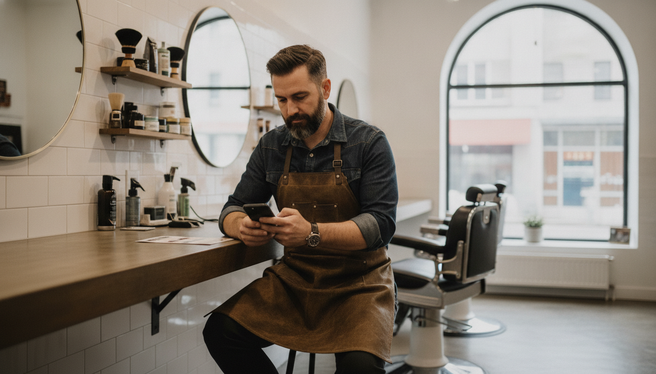 Barbershop owner reviewing a social media content schedule on his phone during a quiet moment between clients