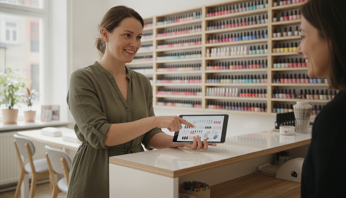 A nail salon owner reviewing content with a client on a tablet in her studio