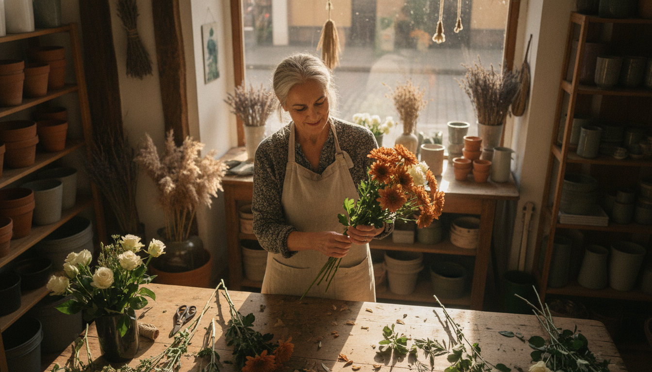 A local florist working at her shop bench, her real craft at the centre of her content strategy