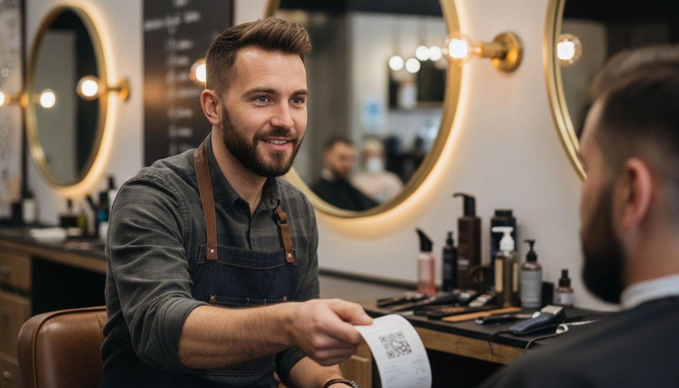 A barbershop owner handing a receipt with a QR code to a customer - a simple identity capture moment at the end of a transaction