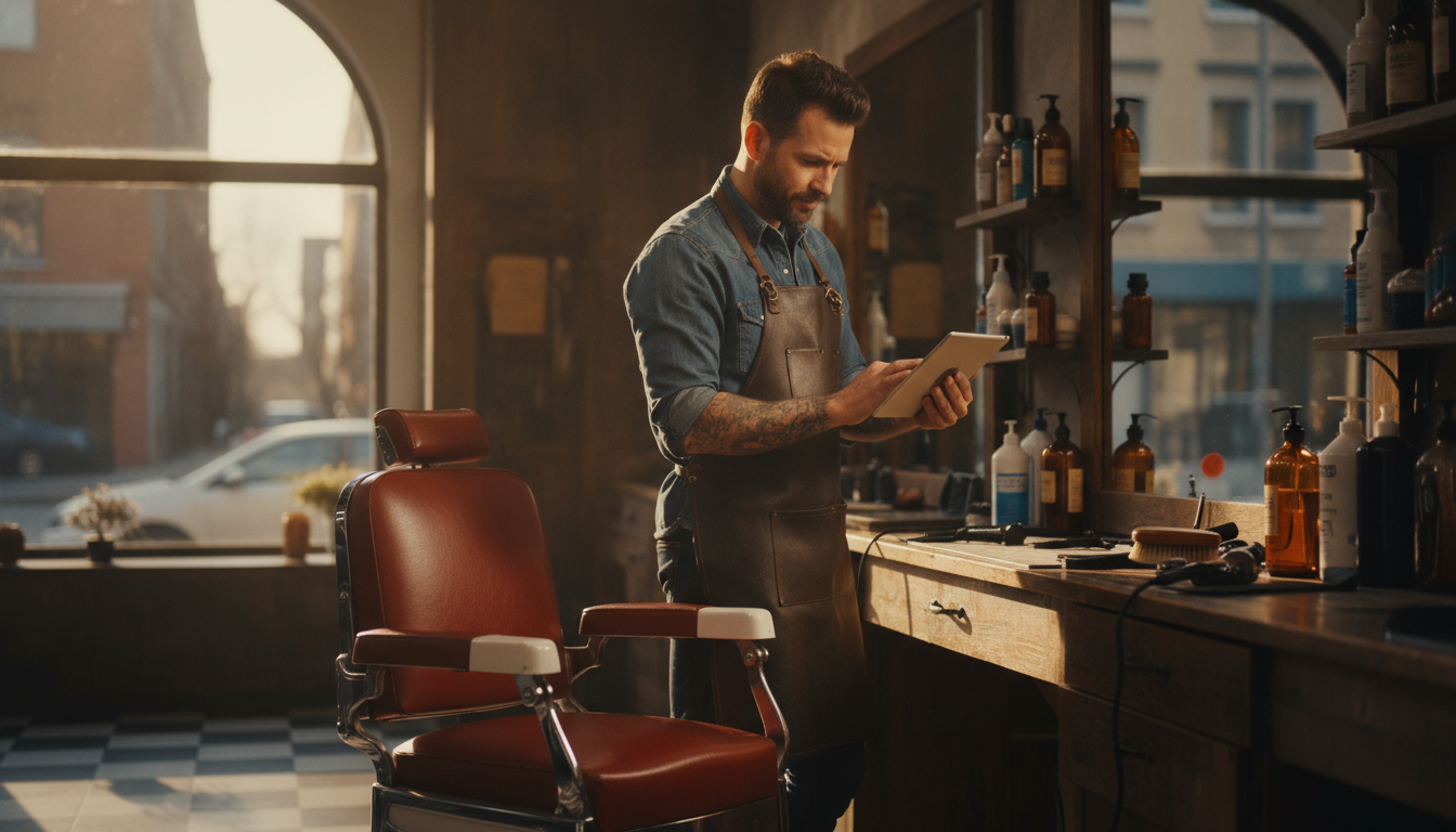 A barbershop owner reviewing his marketing campaign schedule on a tablet between client appointments