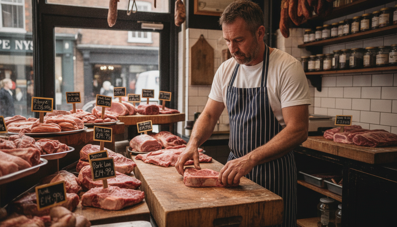 A butcher carefully arranging specialty meat cuts in a traditional shop display