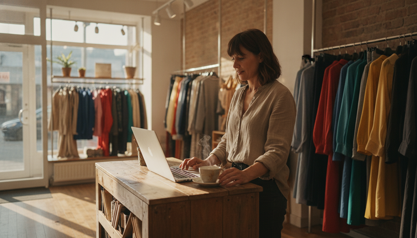 Boutique owner reviewing AI-generated content on her laptop