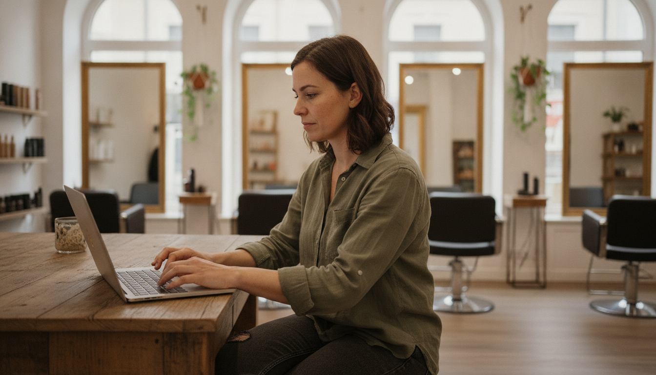 Hair salon owner responding to Google reviews at her reception desk