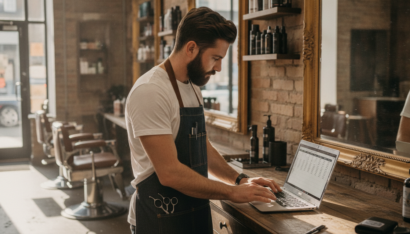 Barbershop owner reviewing customer visit data on a laptop between appointments
