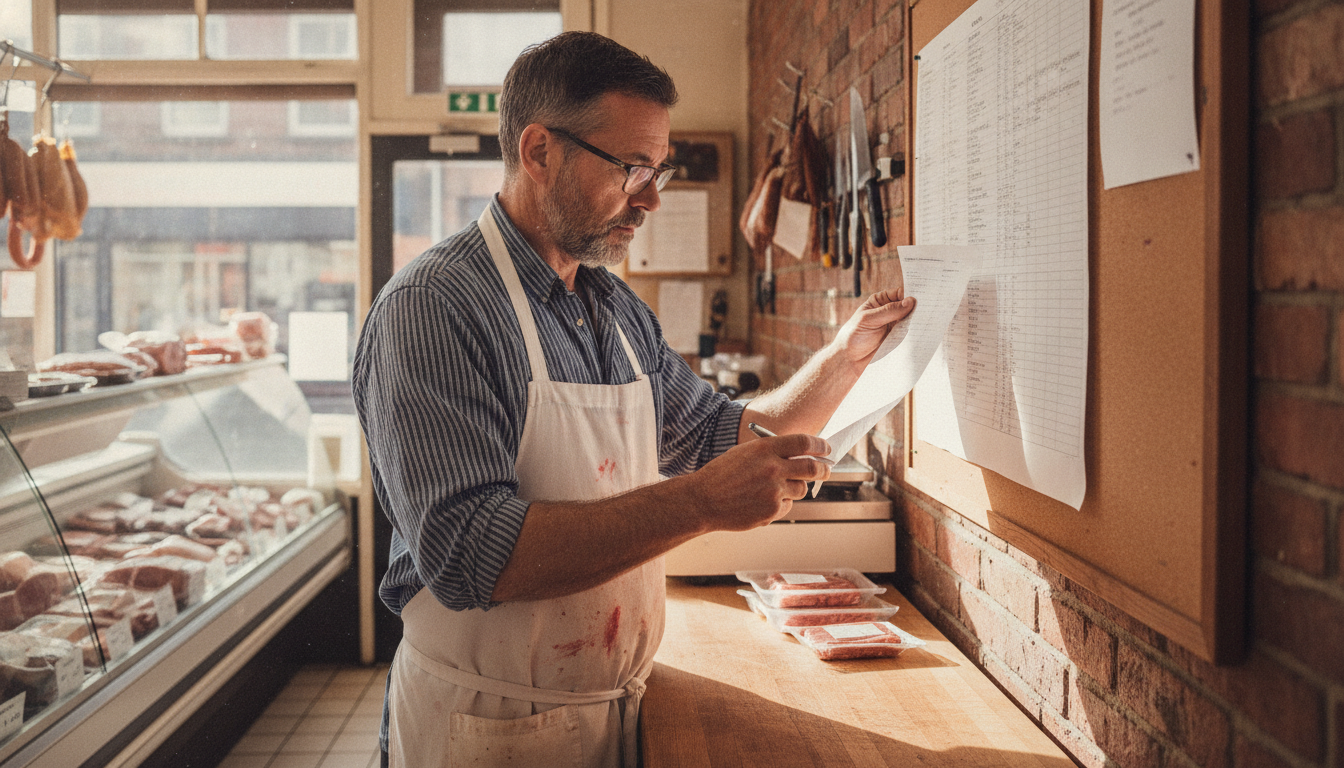 A butcher reviewing customer order patterns at his counter