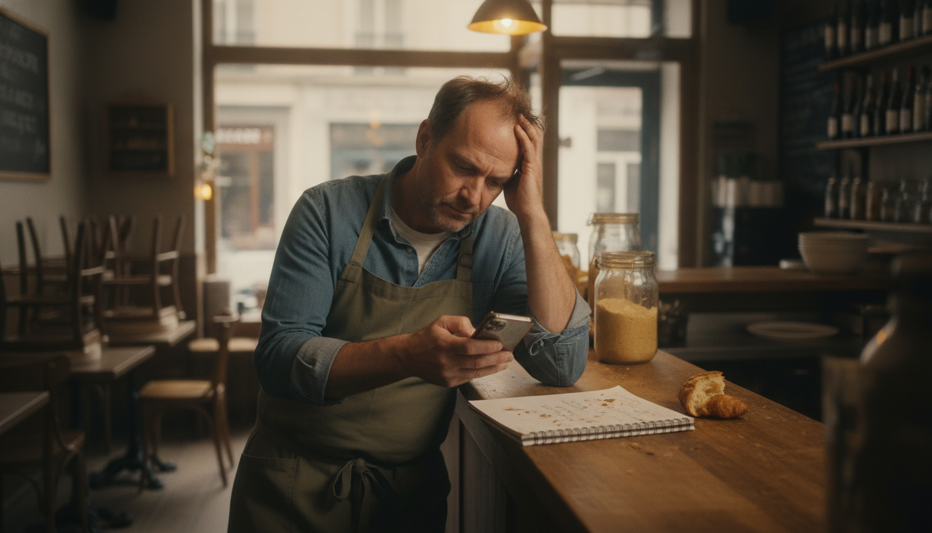 Restaurant owner looking stressed while trying to manage social media between shifts