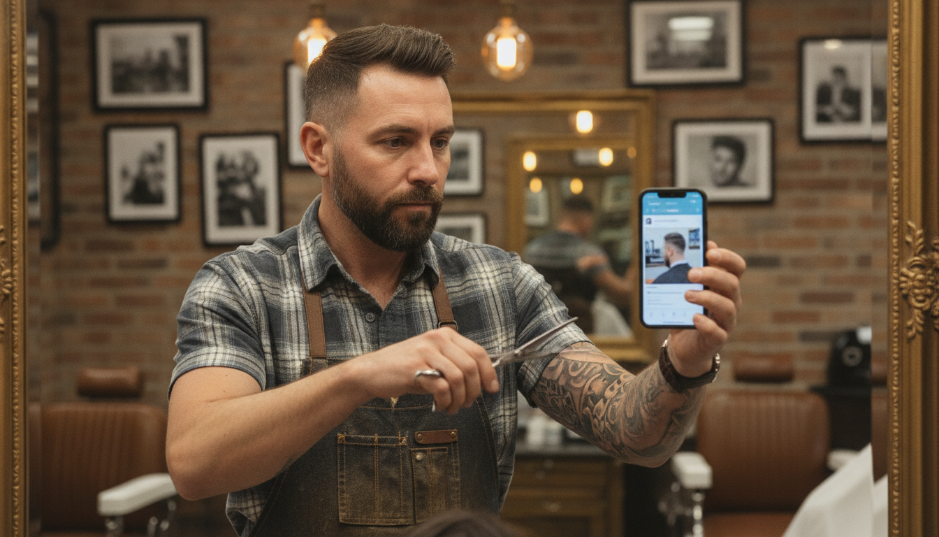 A barbershop owner in east London checking his social media schedule between haircuts