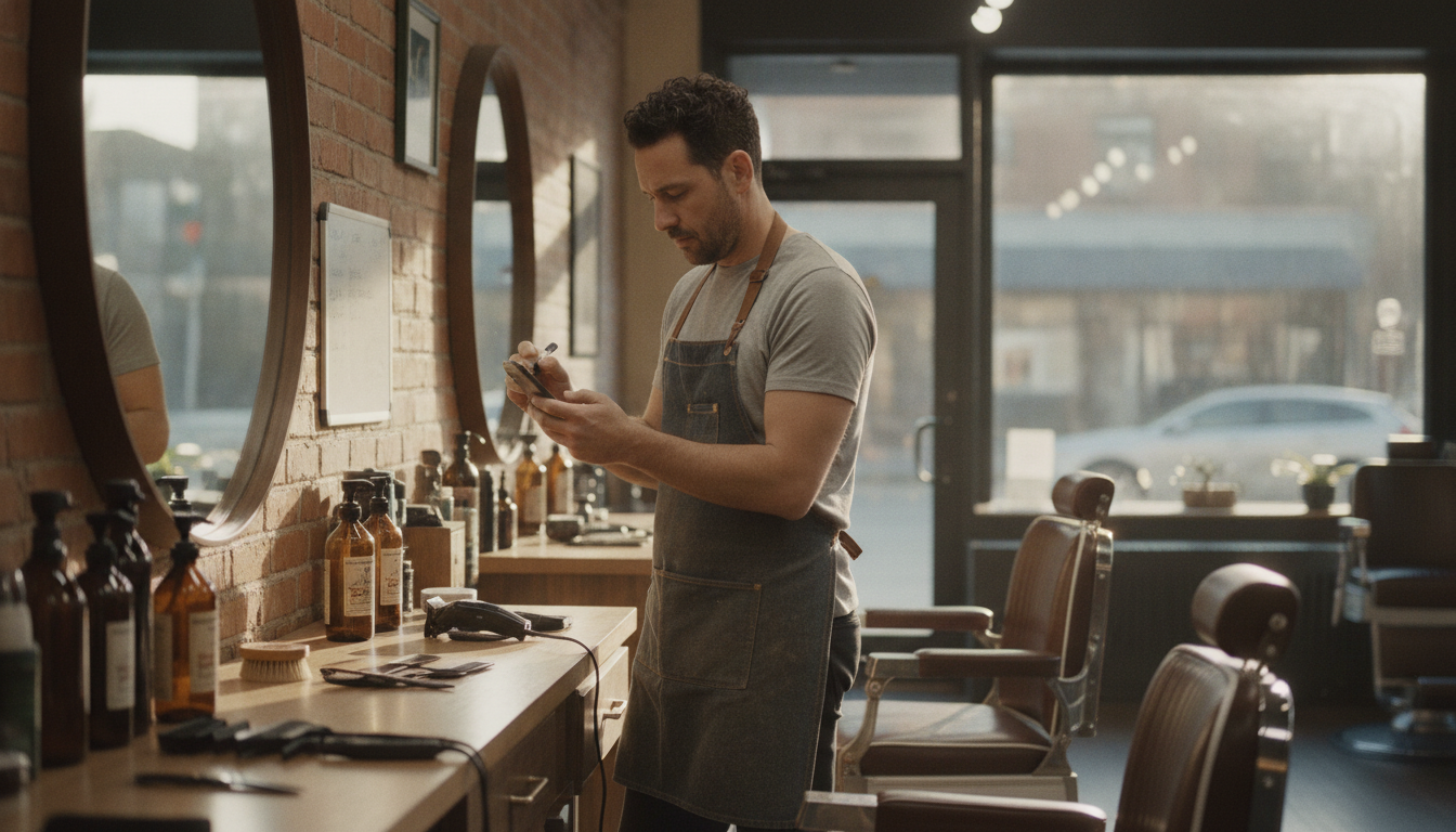 A barbershop owner reviewing his week's marketing plan before opening hours