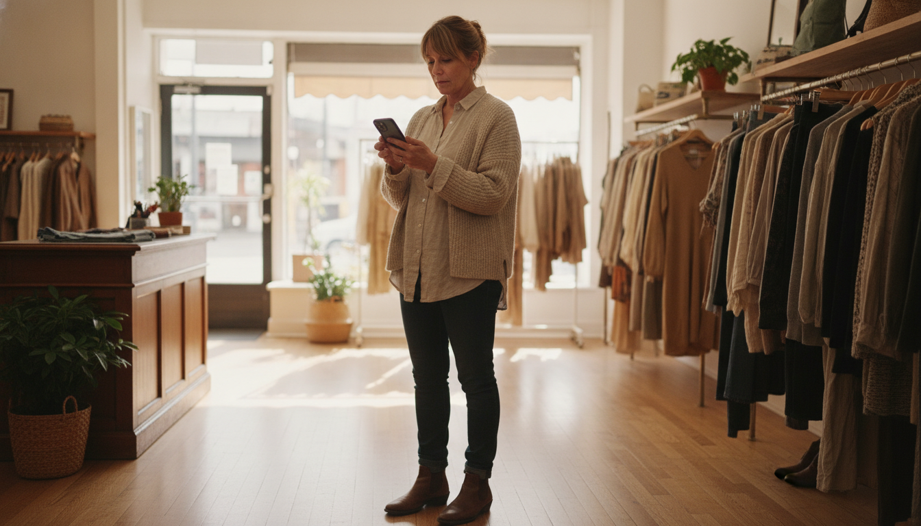 Boutique owner reviewing customer data on her phone during a quiet midweek morning