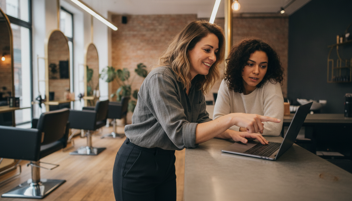 Hair salon owner reviewing customer data with a client at the reception desk