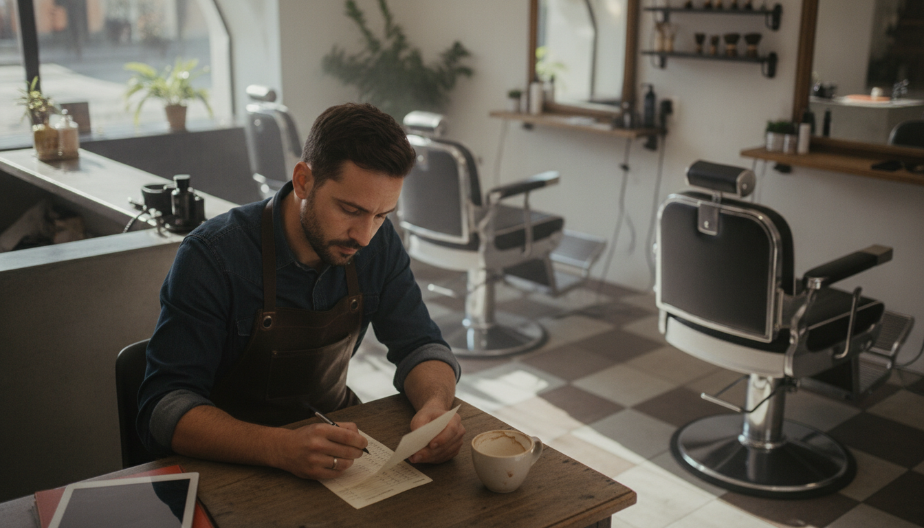 A barbershop owner reviewing his customer booking list on a quiet weekday morning