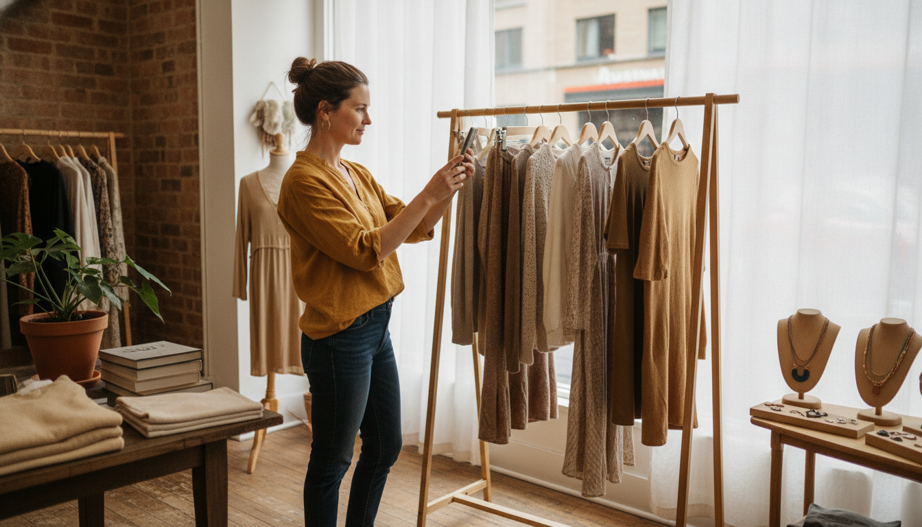 A boutique clothing store owner photographing products to upload to her Google Business Profile