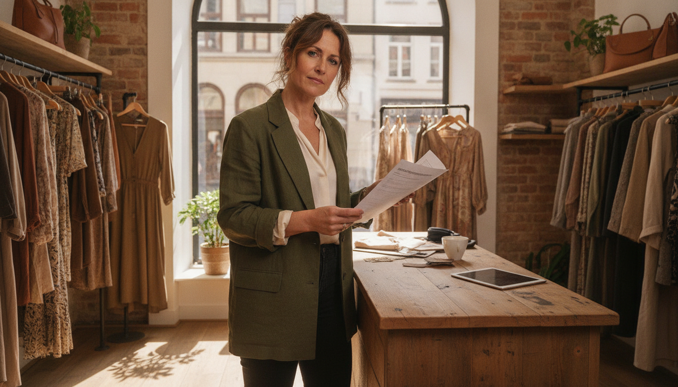 Boutique owner reviewing customer return-interval data at her shop counter