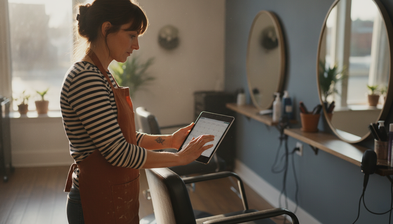 A hair salon owner reviewing her automated campaign schedule during a quiet period between clients
