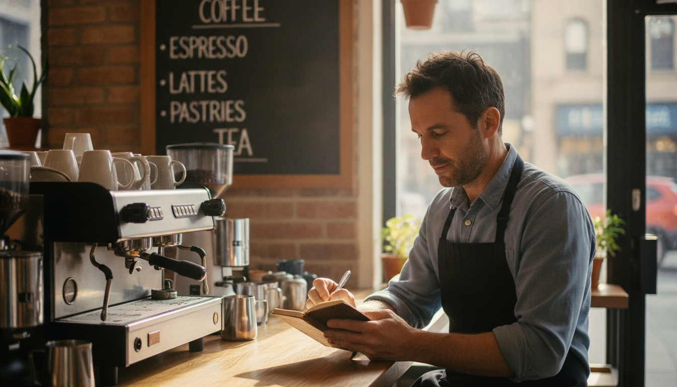 Cafe owner writing content notes at his counter before opening