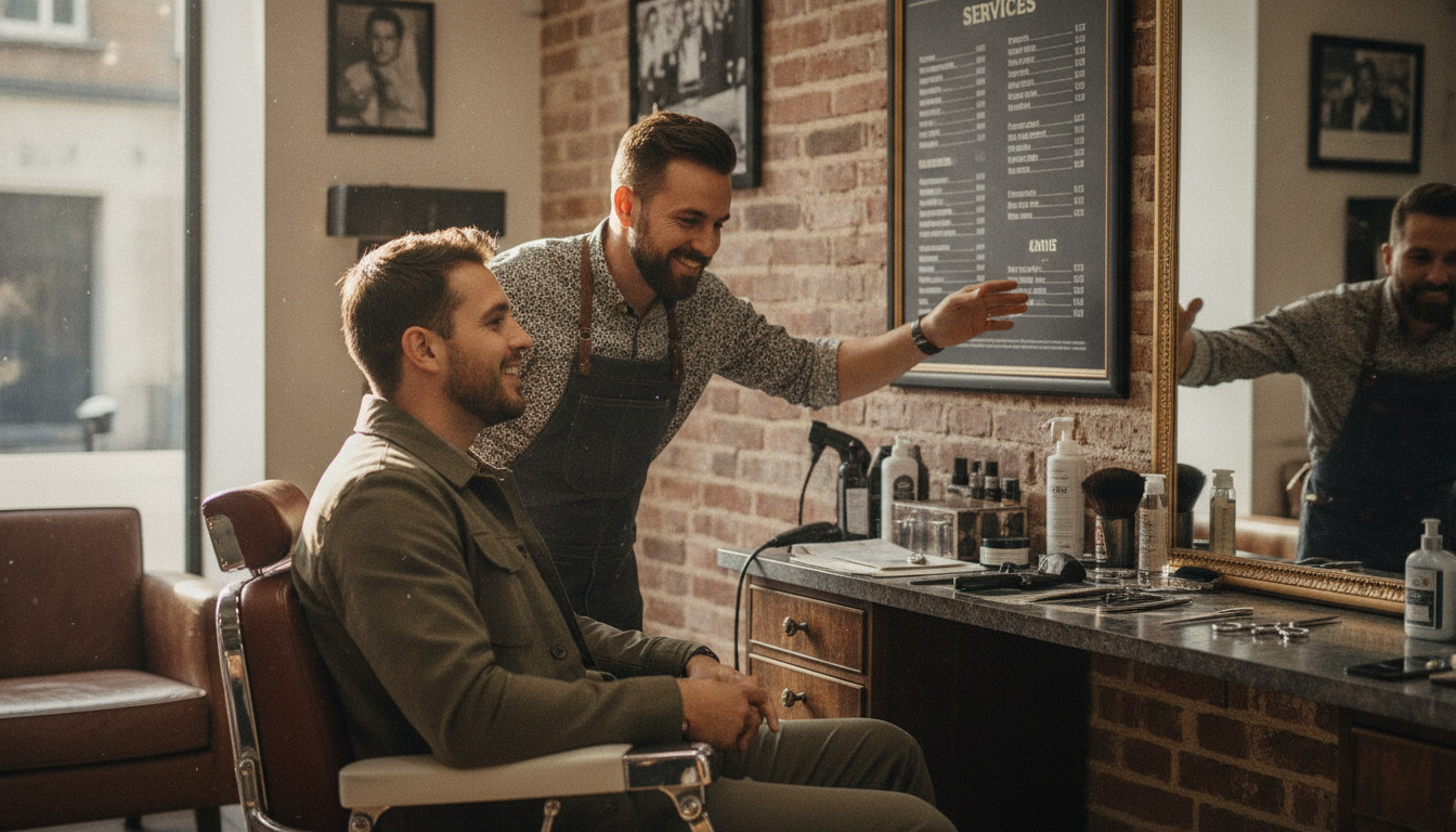 Barbershop owner discussing service value with a client