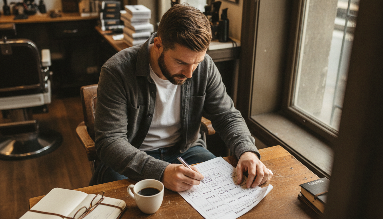 Barbershop owner reviewing his weekly schedule to identify slow business periods
