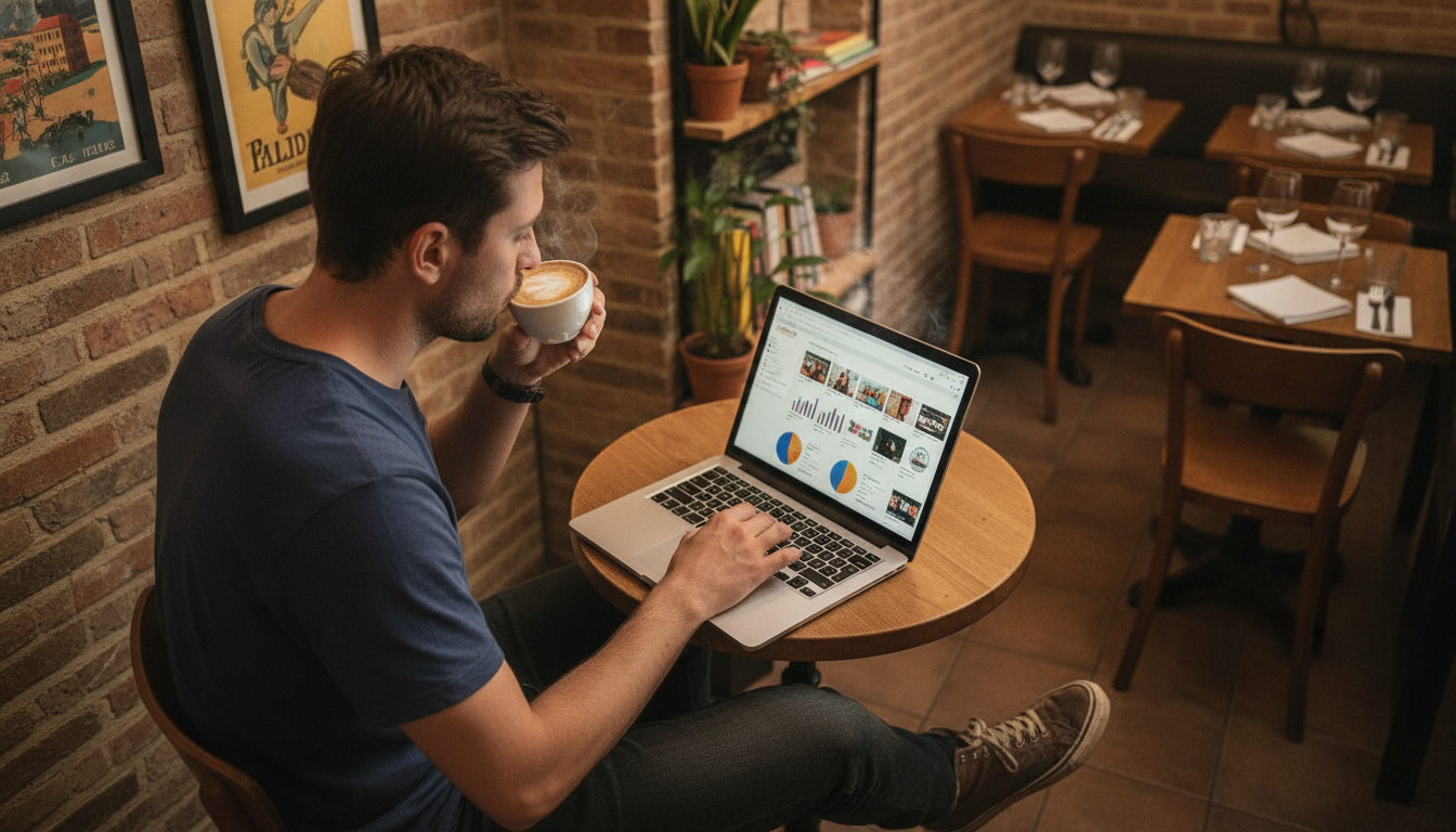 Restaurant owner reviewing AI-powered marketing campaign dashboard on laptop before opening hours